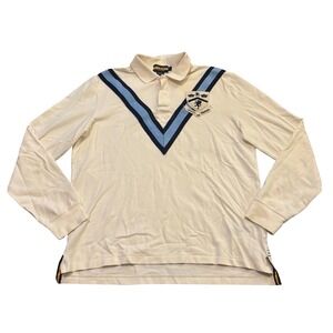 Ralph Lauren Rugby Mens Large Long Sleeve Polo Shirt Cream V-Stripe Crest‎ Patch